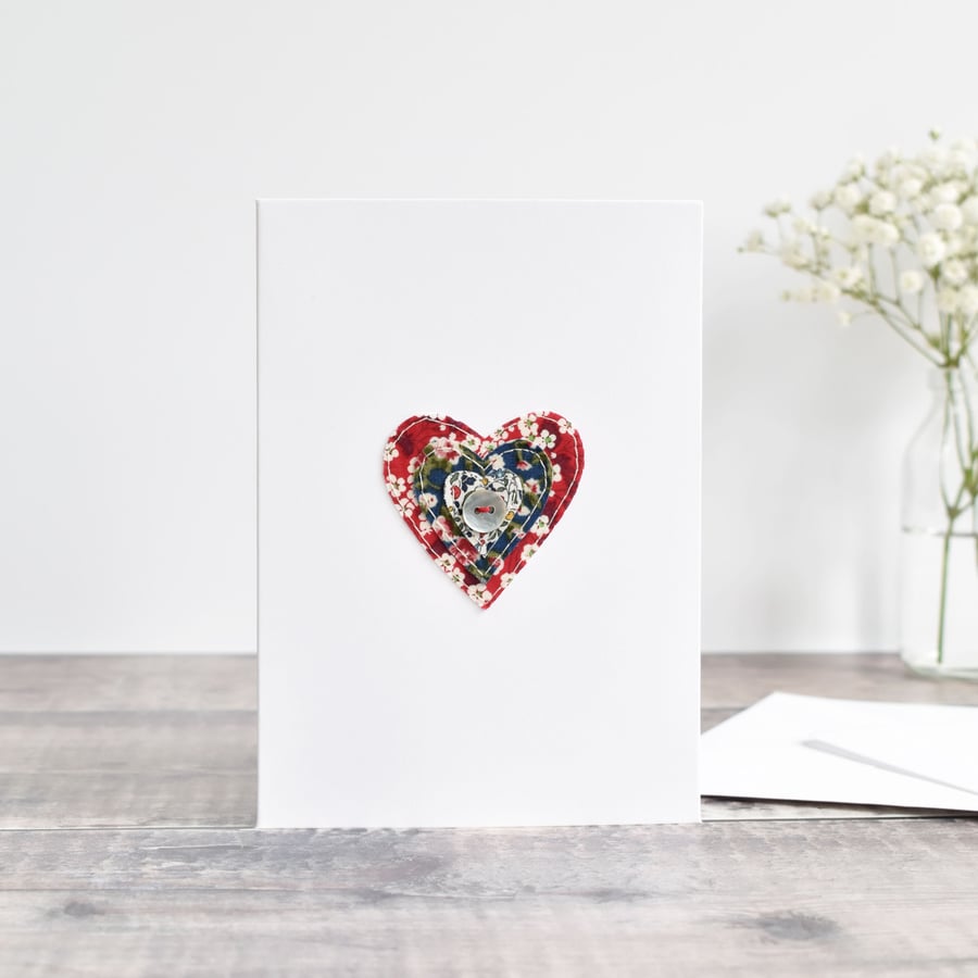 Handmade valentines card, love heart wedding anniversary card, sewn heart card