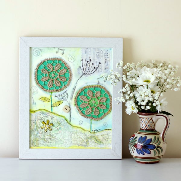 Mixed Media Painting, Rustic Style Artwork, Shabby Chic Art with Doily, Lace