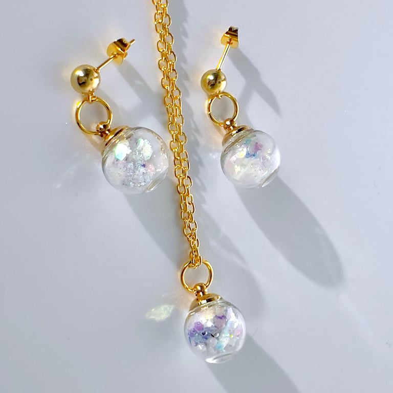 Iridescent Magic Sparkle Glass Sphere Set, Silver or Gold Necklace and Earrings
