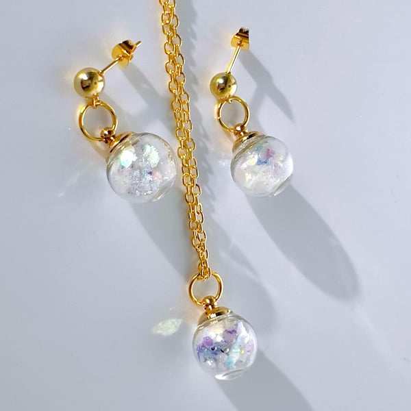 Iridescent Magic Sparkle Glass Sphere Set, Silver or Gold Necklace and Earrings