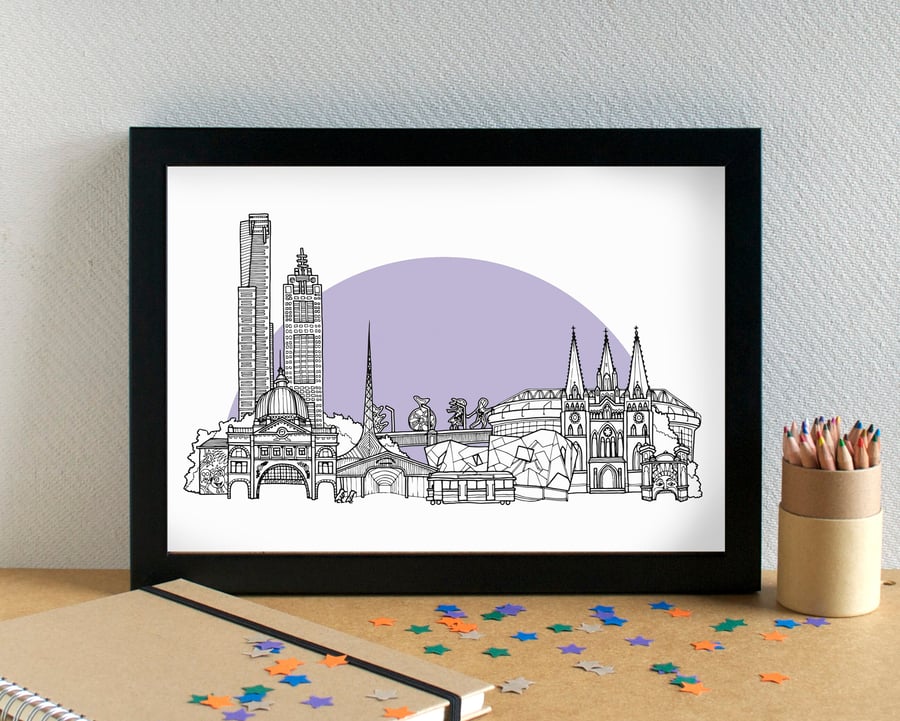 Melbourne Landmarks Skyline Art Print