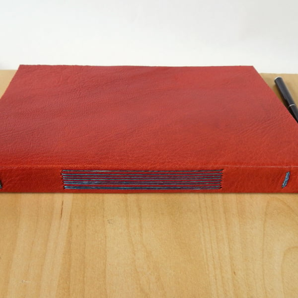 Rust Orange leather Journal with hand marbled paper. Gifts for men. 