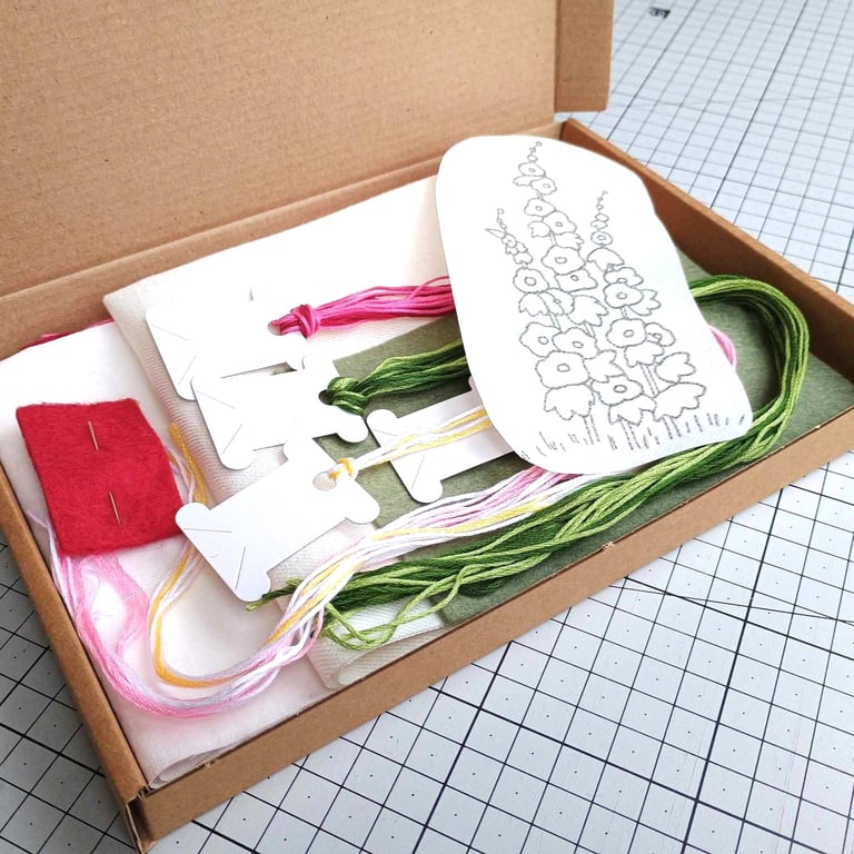 Embroidery picture kit - Hollyhocks, with tutorial
