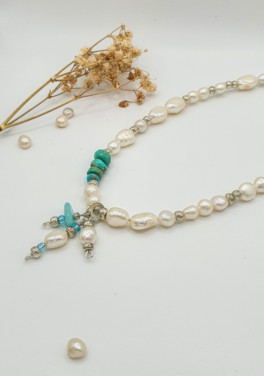 Pearl Necklace Freshwater Ivory Pearl & Turquoise Gemstone Beaded Necklace 