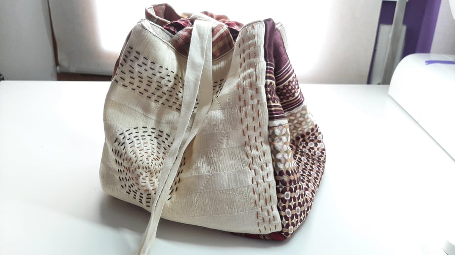 Japanese Rice Bag Handmade Repurposed Fabric SlowStitched Reversible Quilted
