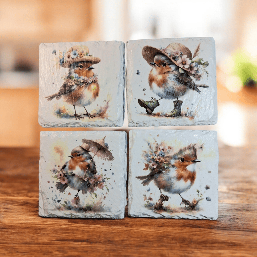 Robins Having Fun Decoupaged Slate Coasters Set of 4