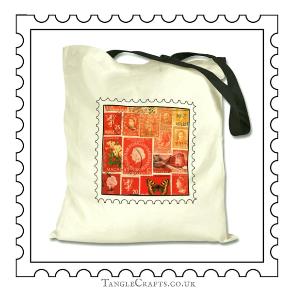 Sunset Stamp Art Tote Bag, Long Handles - postage stamp print on natural cotton
