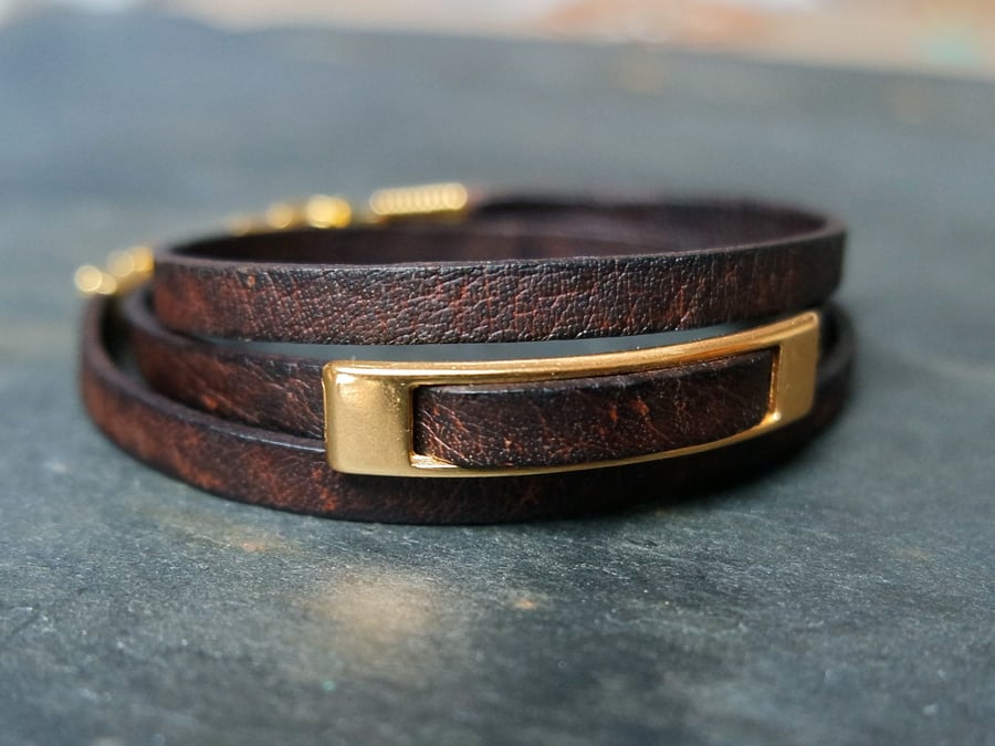 Leather wrap bracelet - rectangular slider brown gold