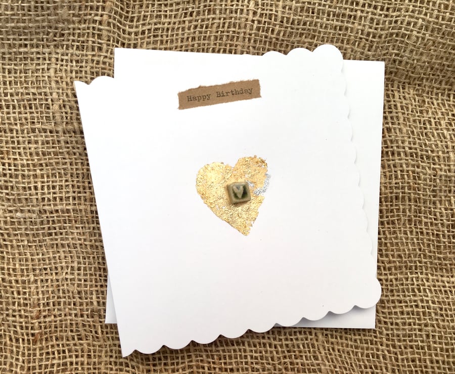 Hand made card, birthday card, gold leaf ceramic design