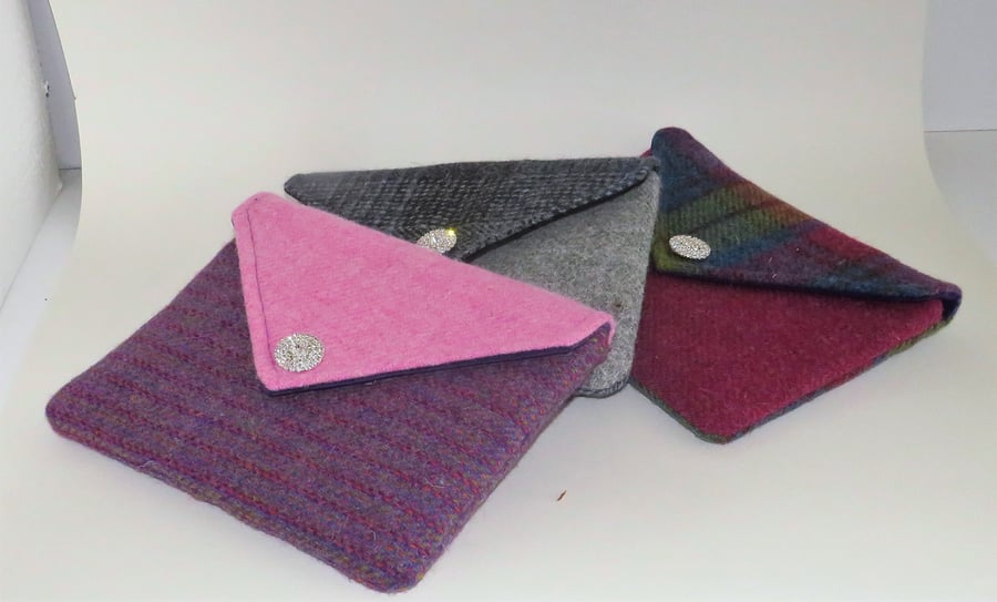 Harris tweed envelope clutch bag with velvet lining and crystal button