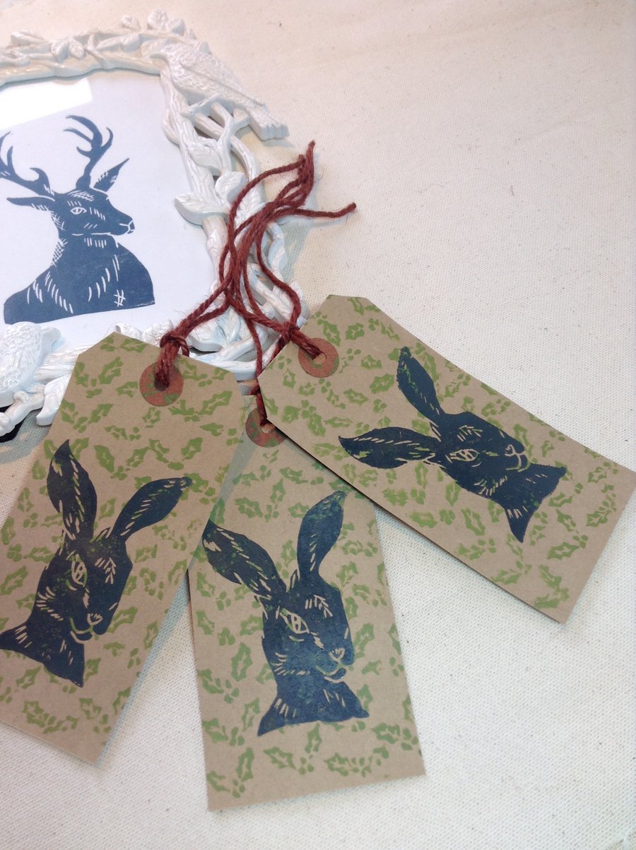 Hand printed Hare & Holly Gift Tags