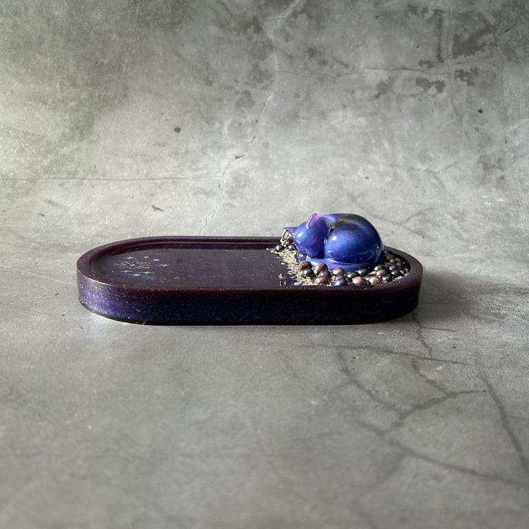 Celestial Resin Tray with Sleeping Feline Spirit - The Dreaming
