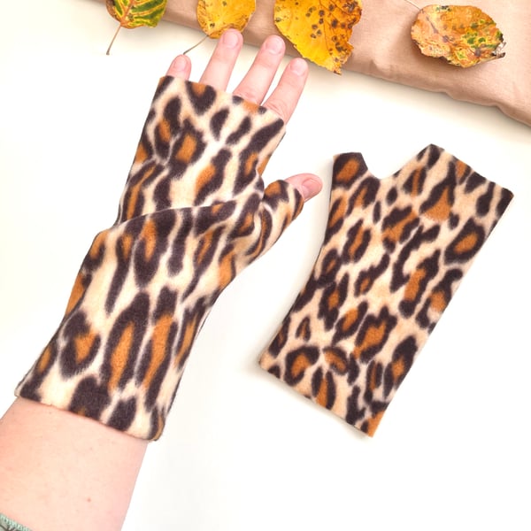 Long fingerless leopard print gloves Typing arthritis wrist warmer gloves