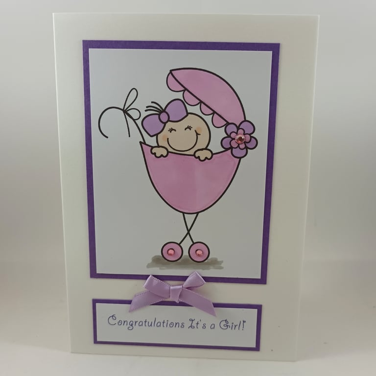 New baby girl card - baby in pram  