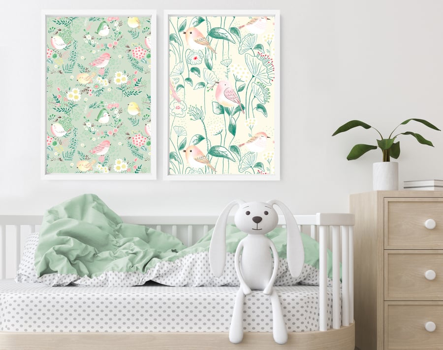 Woodland boho little birds pastel nursery set x 2 art prints for baby girl