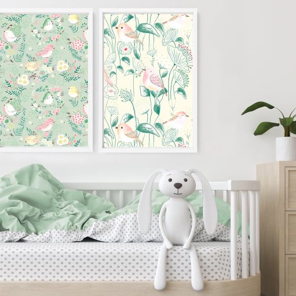 Woodland boho little birds pastel nursery set x 2 art prints for baby girl