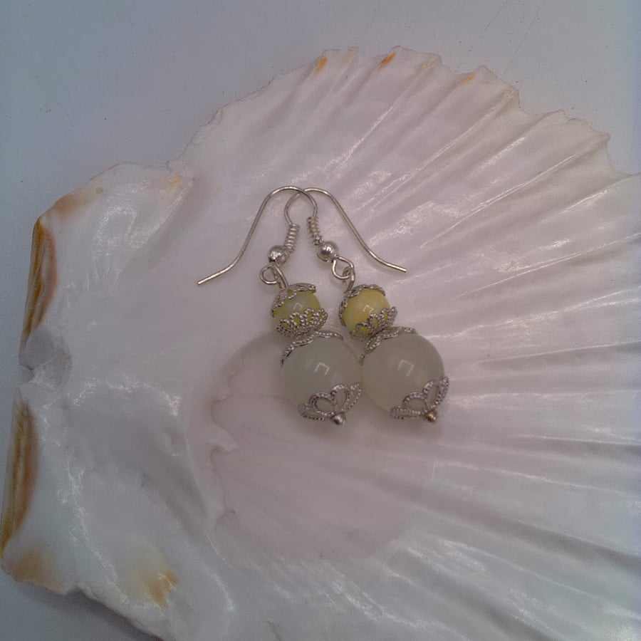 Earrings Made Using Green Jade Beads with Silver Plated Bead Caps, Gift for Her