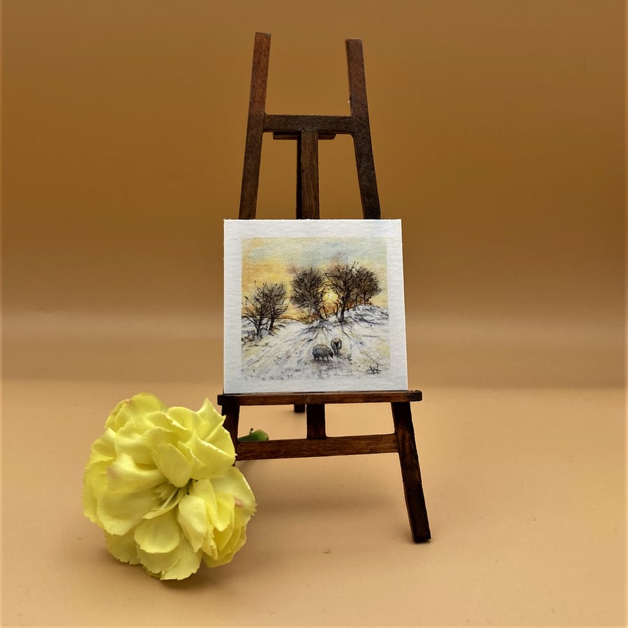 Tiny UNFRAMED PRINT, Dolls house 1:12th miniature, Sheep in Winter landscape