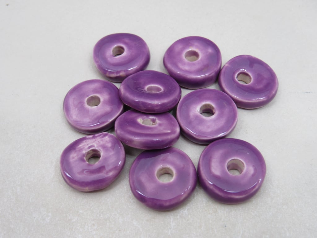 10 Medium Lilac Purple Glazed Ceramic Washer Beads