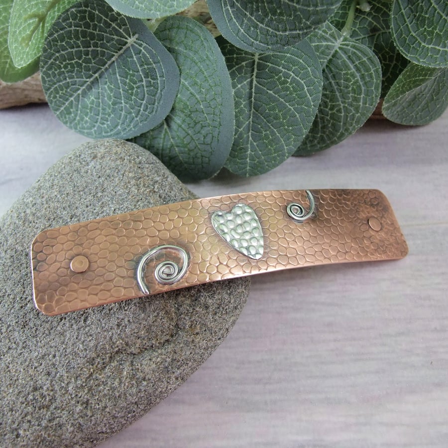 Hair Barrette, Copper Hair Clip with Scroll and Heart