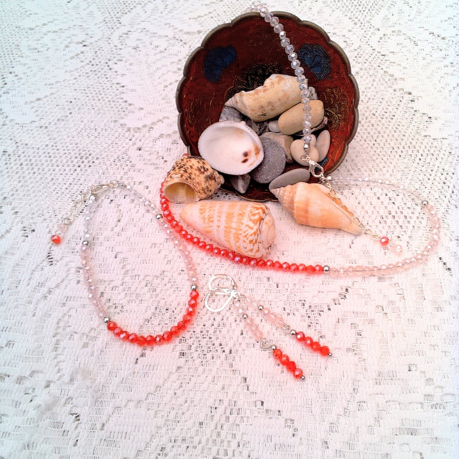 Necklace and Earrings Set with Red Pink and Clear Crystals, Crystal Jewellery  