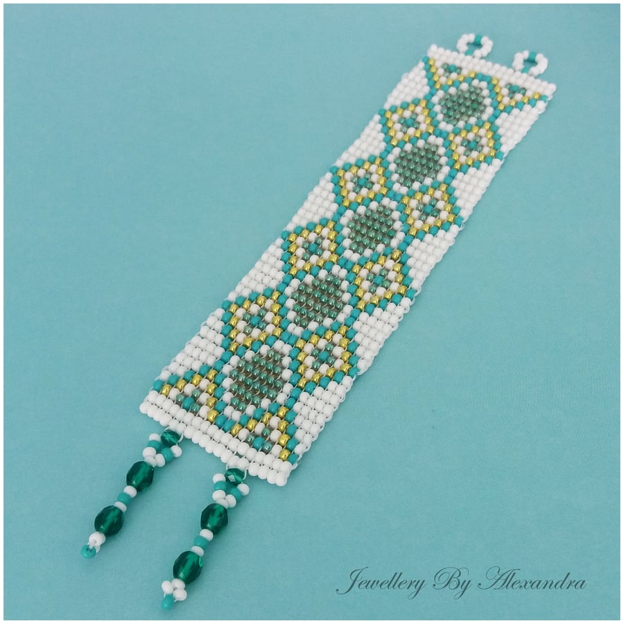 Wide Square Stitch Bracelet-Green, Teal, White and Gold with a Diamond Pattern