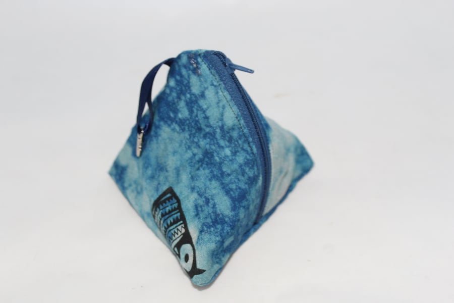 Handmade Eco triangular purse,hand print owl pattern,blue key ring purse, gift