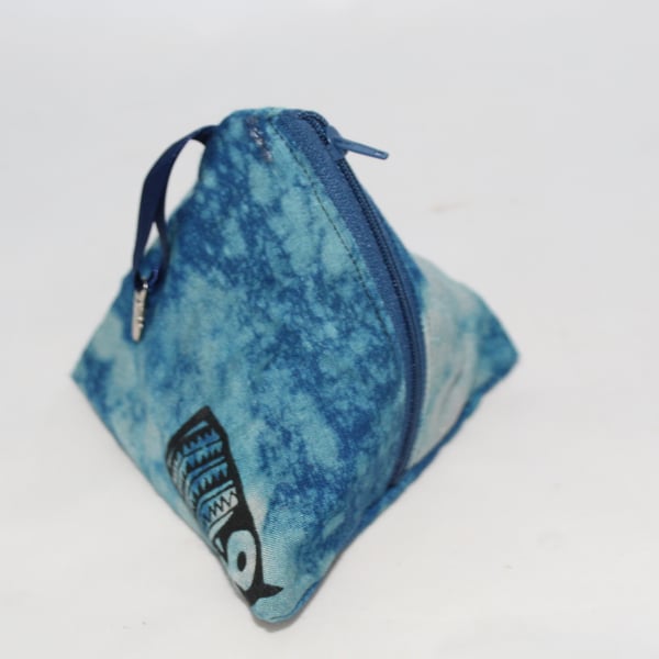 Handmade Eco triangular purse,hand print owl pattern,blue key ring purse, gift