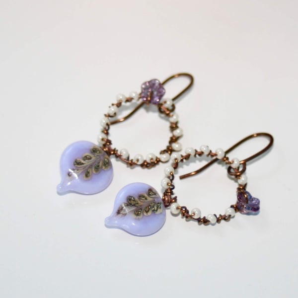 Lilac glass leaf and antique bronze wire-wrapped earrings