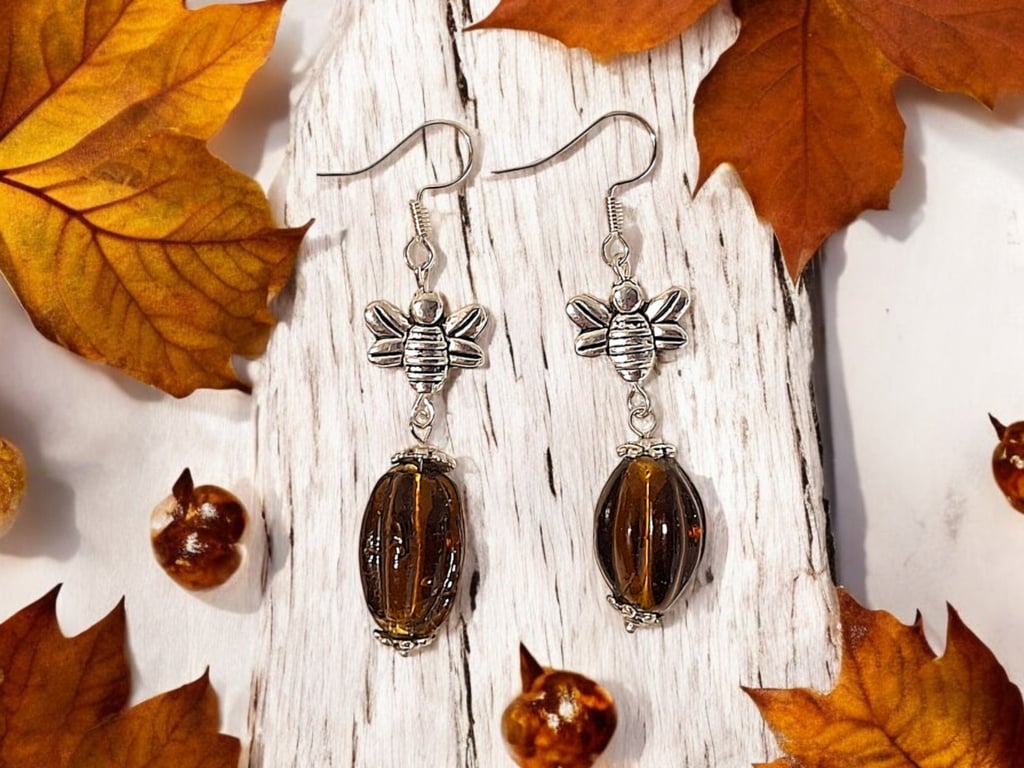Bee earrings, nature earrings, glass earrings, unique earrings, one off earrings