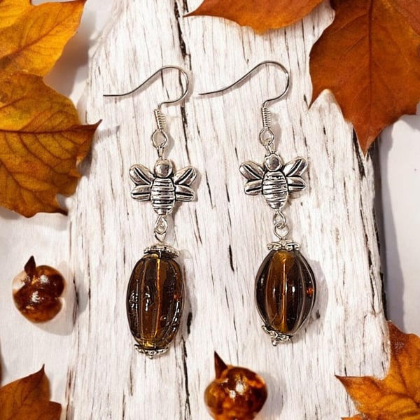 Bee earrings, nature earrings, glass earrings, unique earrings, one off earrings