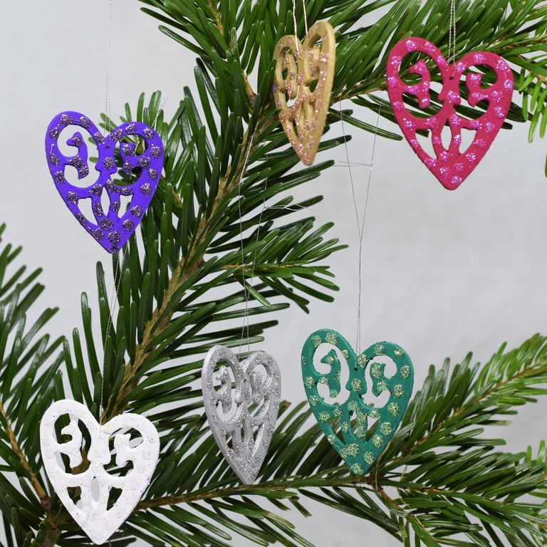 Glittering Wood Wooden Heart Hanging Christmas Tree Decorations (Set of 6)