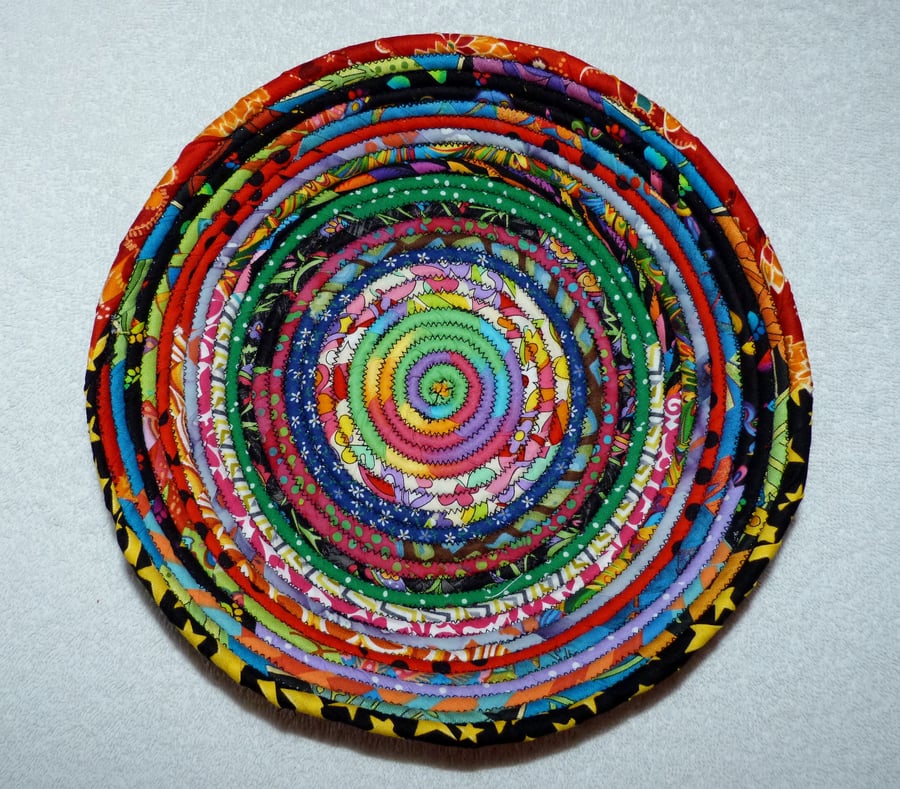 Fabric Coil Basket in Rainbow Bright Colours. Rainbow centre.