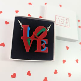 Love necklace acrylic, love art pendant, love silver plated art chain necklace