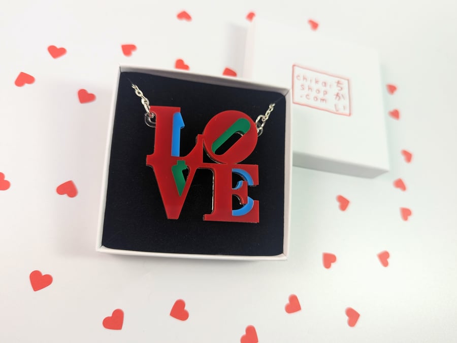 Love necklace acrylic, love art pendant, love silver plated art chain necklace