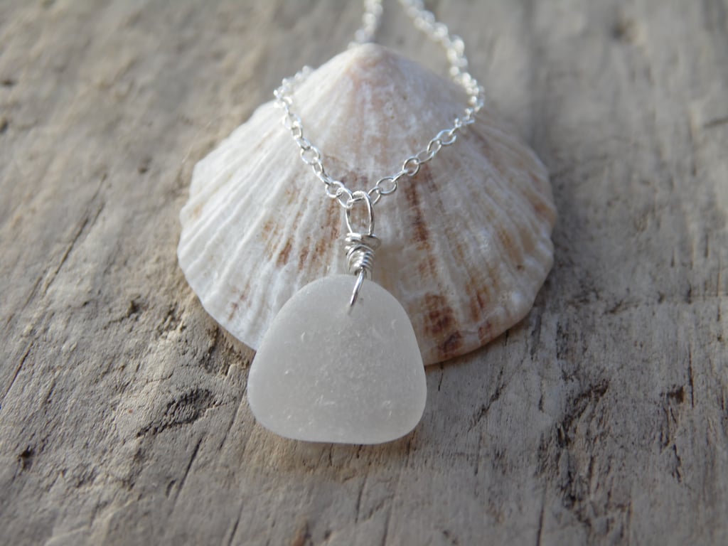 Dainty White Marazion Sea Glass Necklace Sterling Silver N650