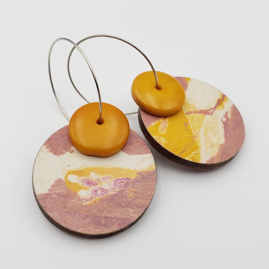 Small abstract wooden earrings with a pretty abstract print