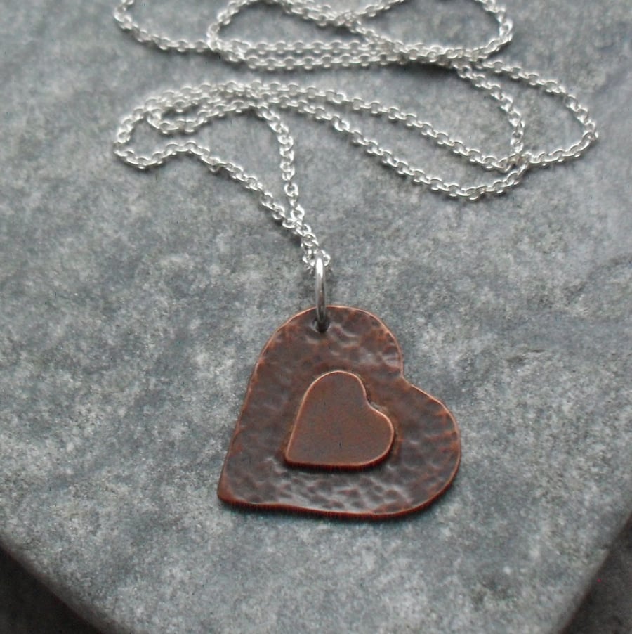 Copper Heart Pendant With Sterling Silver Chain Vintage 