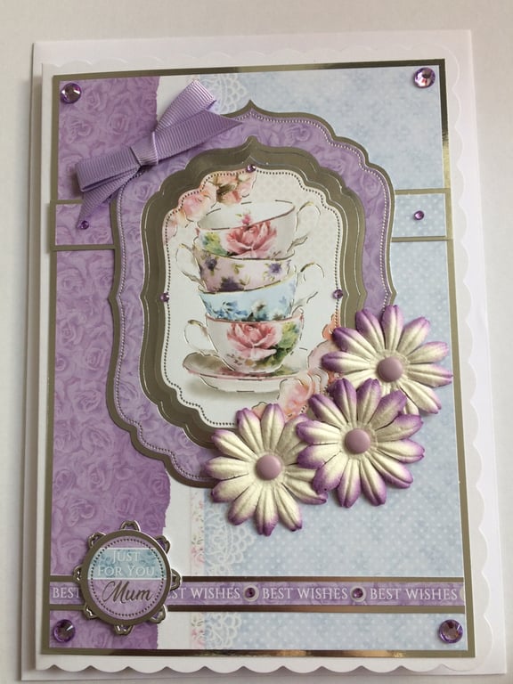 Birthday Mother's Day Card Just for You Mum Best Wishes Vintage China Cup of Tea