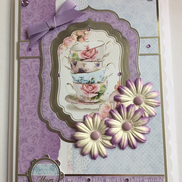 Birthday Mother's Day Card Just for You Mum Best Wishes Vintage China Cup of Tea