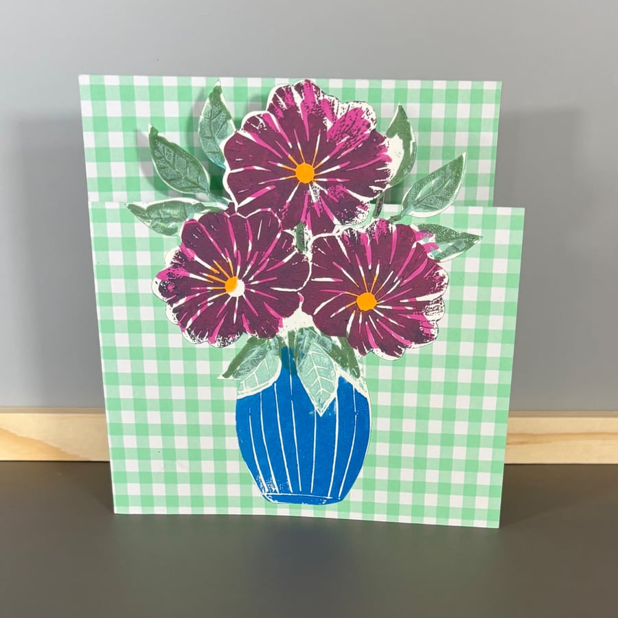 Greetings Card - Vase of Pink Flowers on Green Gingham