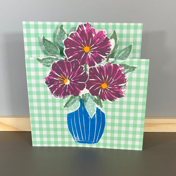 Greetings Card - Vase of Pink Flowers on Green Gingham