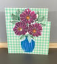 Greetings Card - Vase of Pink Flowers on Green Gingham