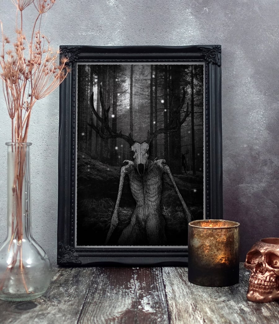 Wendigo Black and White Illustration, Dark Art, Horror, Mythology, A4 Art Print