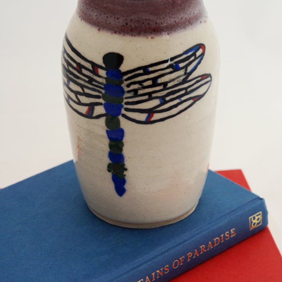 Hand painted dragonfly vase - handmade stoneware pottery in white and red