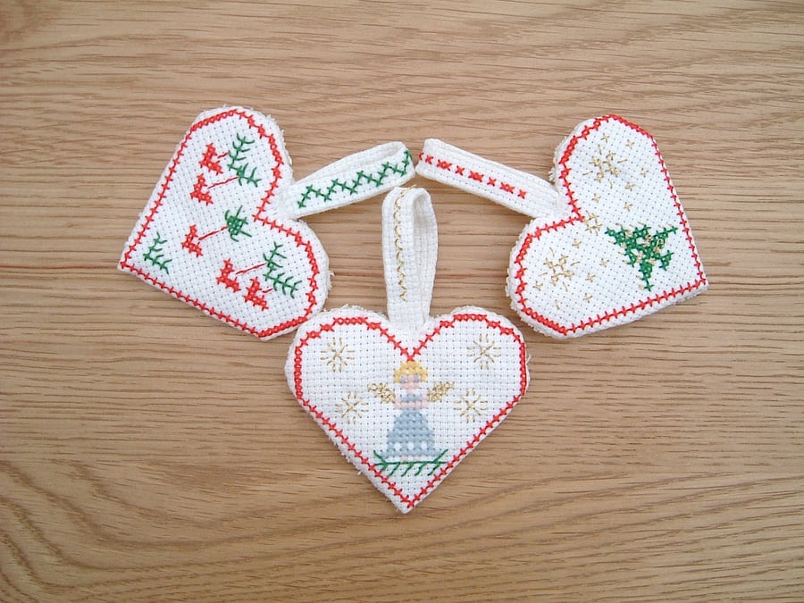 3 Scandi Cross Stitch Hearts for Xmas Tree
