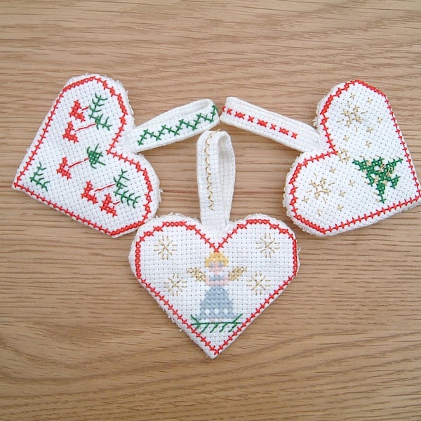 3 Scandi Cross Stitch Hearts for Xmas Tree