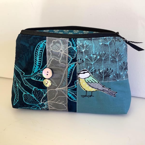 Cosmetic Bag with Vintage Fabrics and Bluetit Embroidery - Boho Toiletry bag