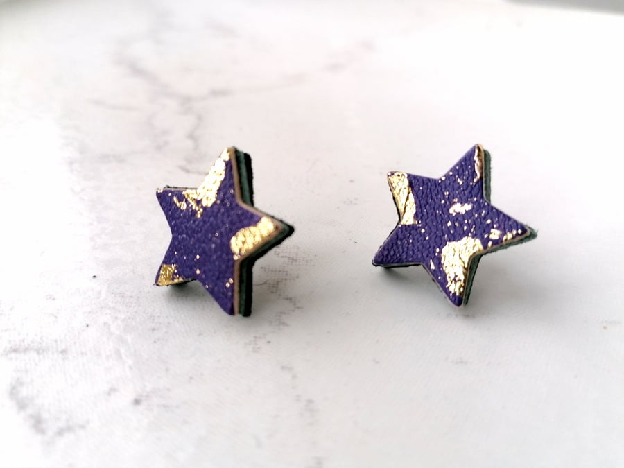 Gold Leaf Leather Star Stud Earrings - Purple