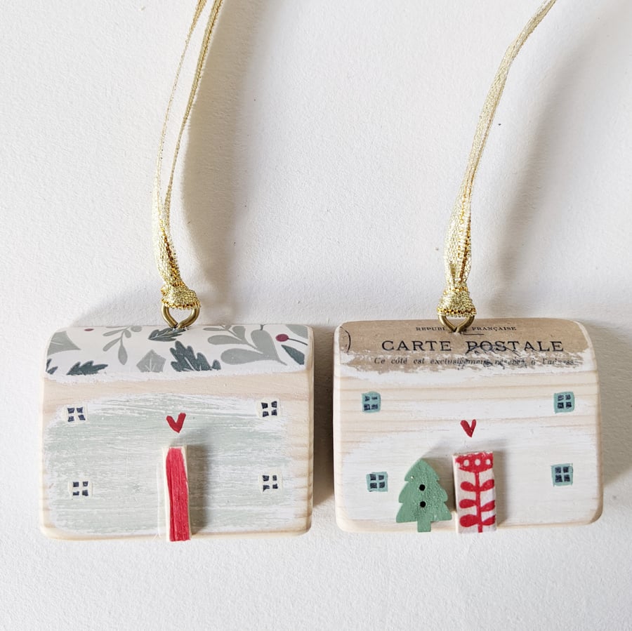 Set of 2 Painted Christmas House Hanging Decorations